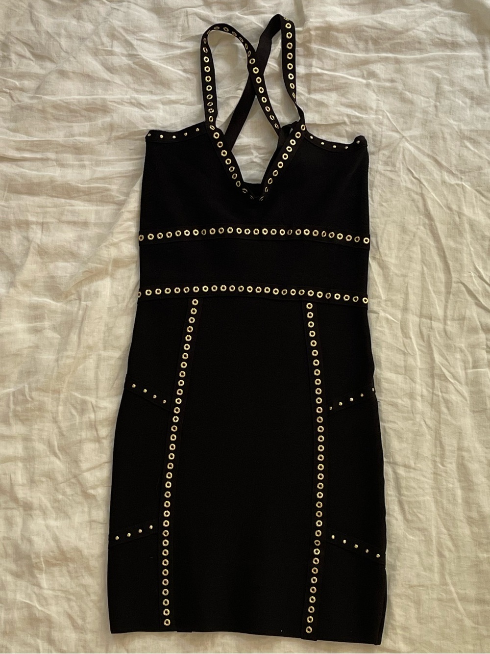 bebe Black Bandage Mini Dress with Gold Eyelet Detailing